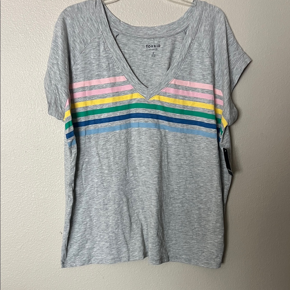 torrid Gray V-Neck Tee with Pastel Rainbow Stripes